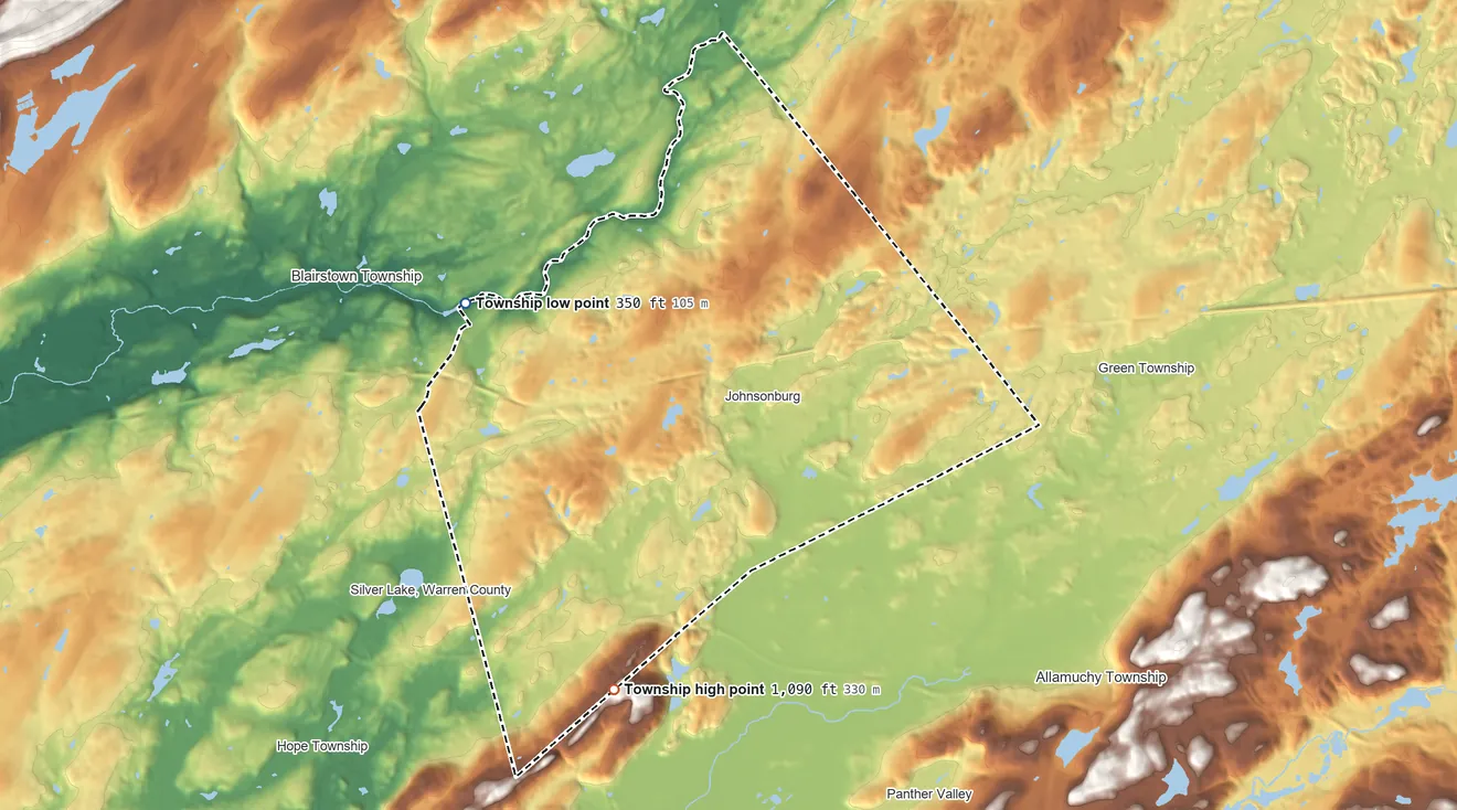 Topographic elevation map of Frelinghuysen Township, New Jersey, shaded from 350 ft on the northwest side to 1,090 ft on the south edge, below higher ground just outside