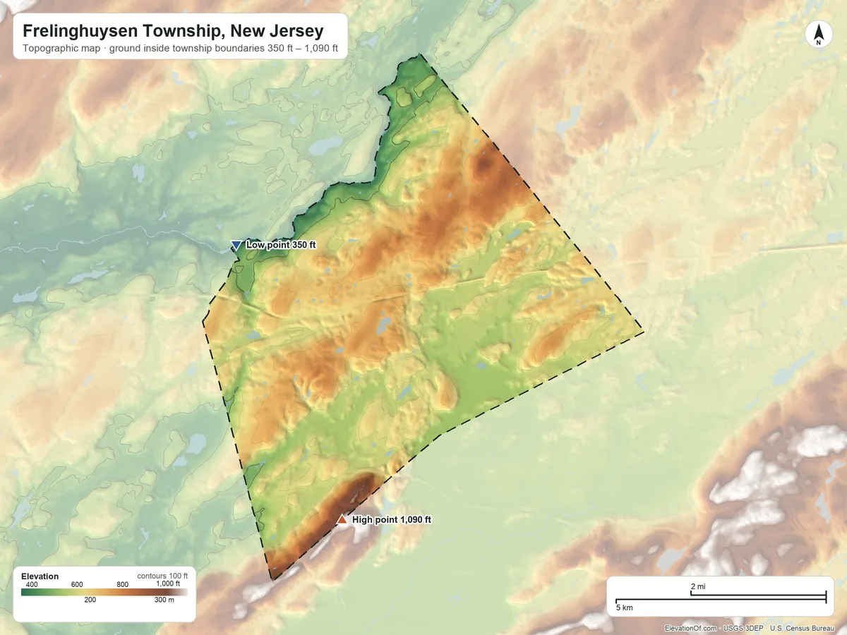 Topographic elevation map of Frelinghuysen Township, New Jersey, shaded from 350 ft on the northwest side to 1,090 ft on the south edge, below higher ground just outside