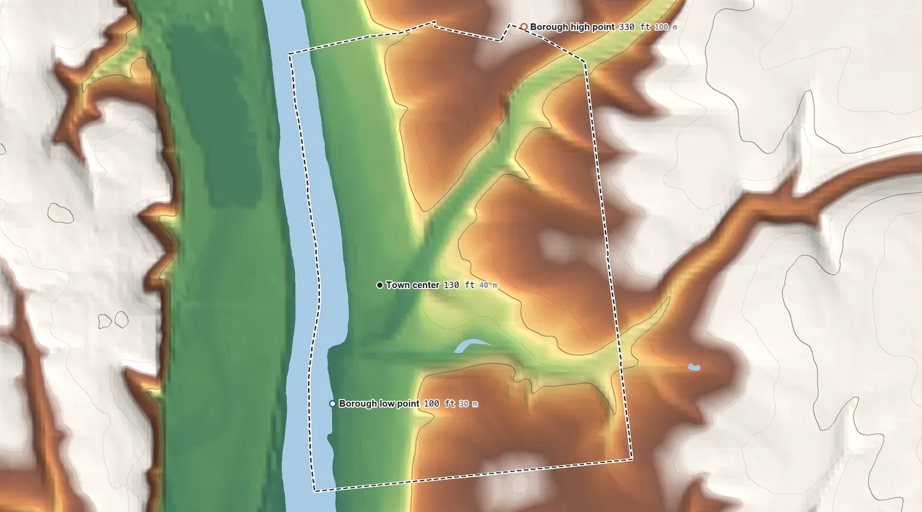 Topographic elevation map of Frenchtown, New Jersey, shaded from 100 ft on the south side to 330 ft on the northeast side