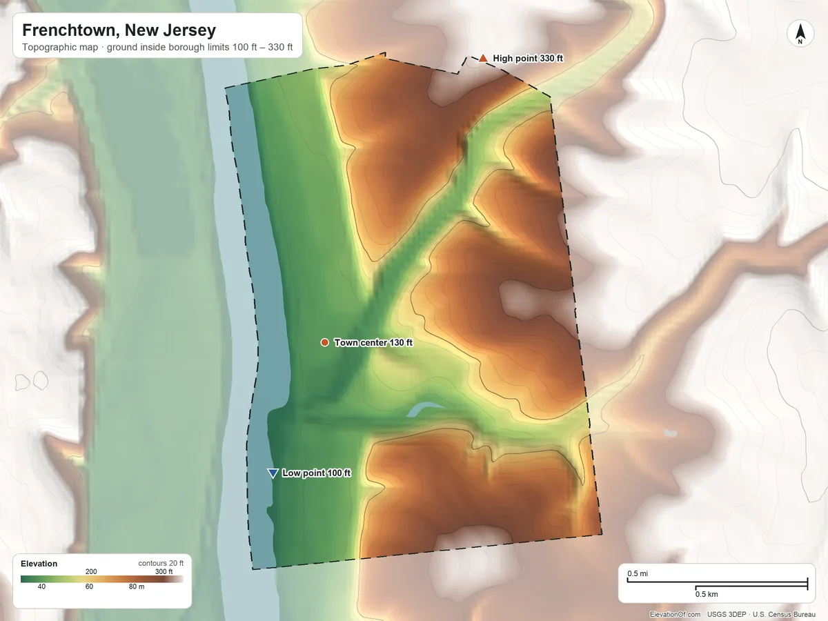 Topographic elevation map of Frenchtown, New Jersey, shaded from 100 ft on the south side to 330 ft on the northeast side