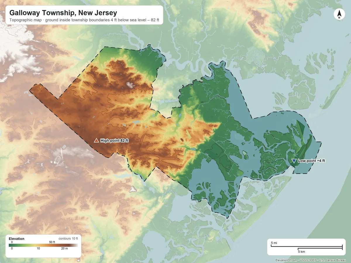 Topographic elevation map of Galloway Township, New Jersey, shaded from −4 ft on the east side to 82 ft on the west side