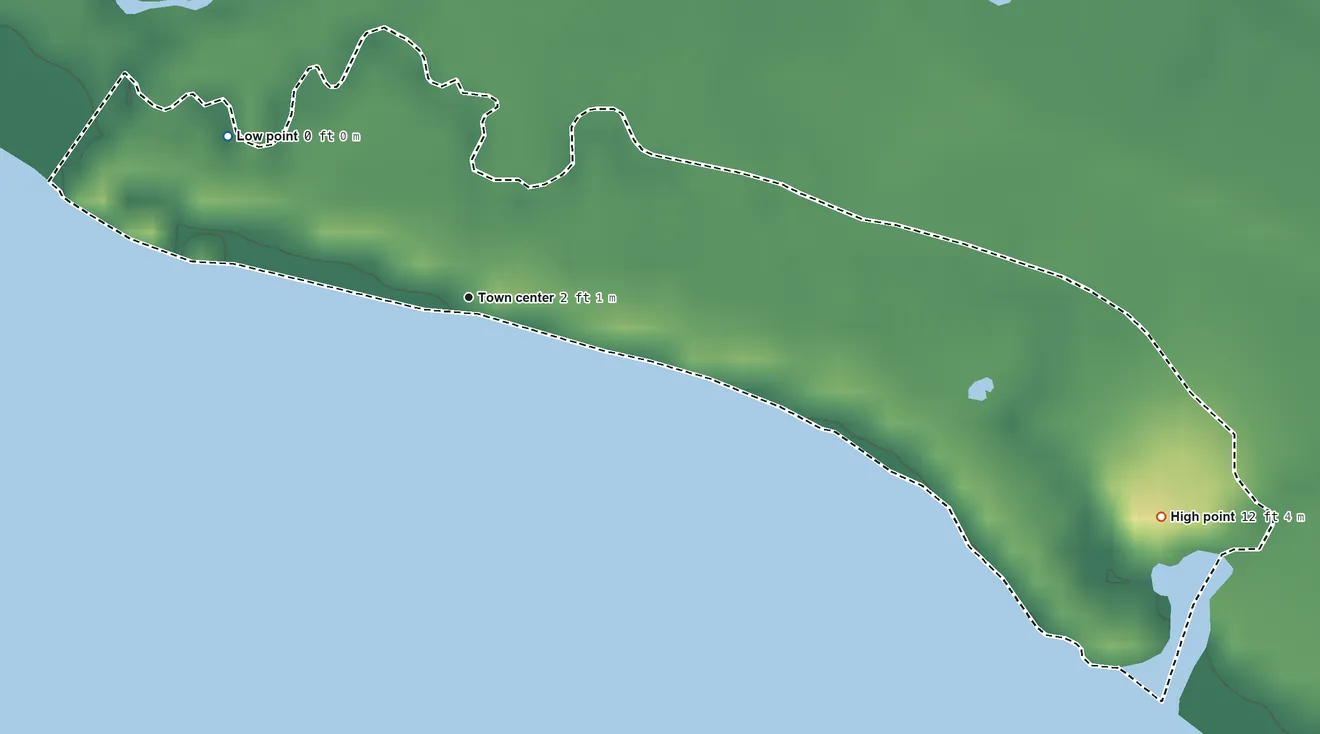 Topographic elevation map of Gandys Beach, New Jersey, shaded from sea level level on Delaware Bay to 12 ft on the east side
