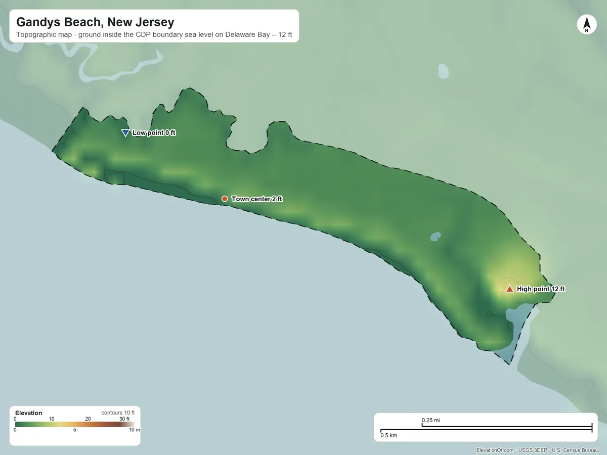 Topographic elevation map of Gandys Beach, New Jersey, shaded from sea level level on Delaware Bay to 12 ft on the east side