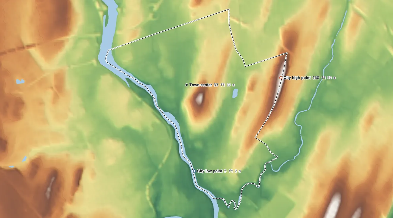 Topographic elevation map of Garfield, New Jersey, shaded from 5 ft on the south side to 160 ft on the east side