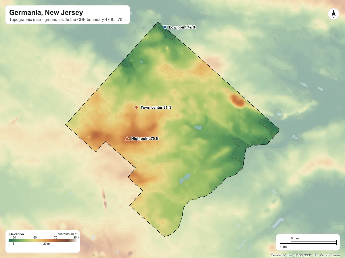Topographic elevation map of Germania, New Jersey, shaded from 47 ft on the north side to 70 ft on the south side