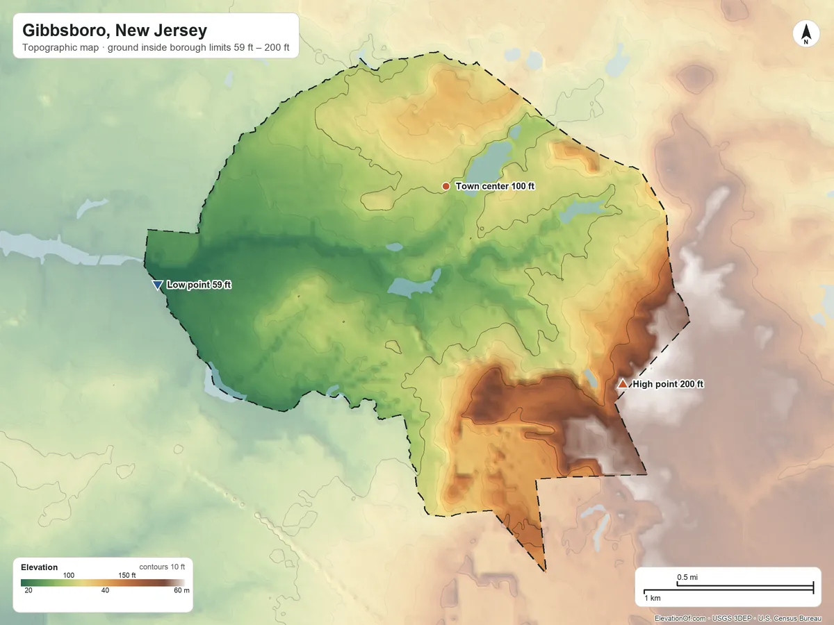 Topographic elevation map of Gibbsboro, New Jersey, shaded from 59 ft on the west side to 200 ft on the southeast side