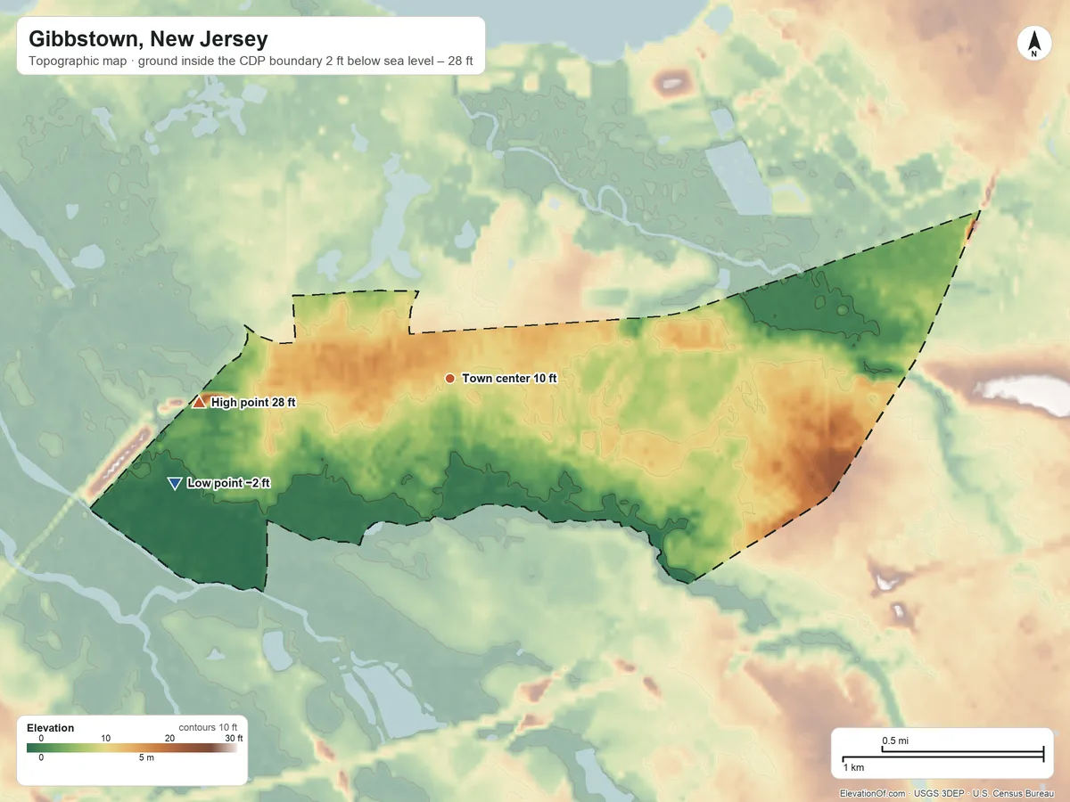 Topographic elevation map of Gibbstown, New Jersey, shaded from −2 ft on the west side to 28 ft on the west side