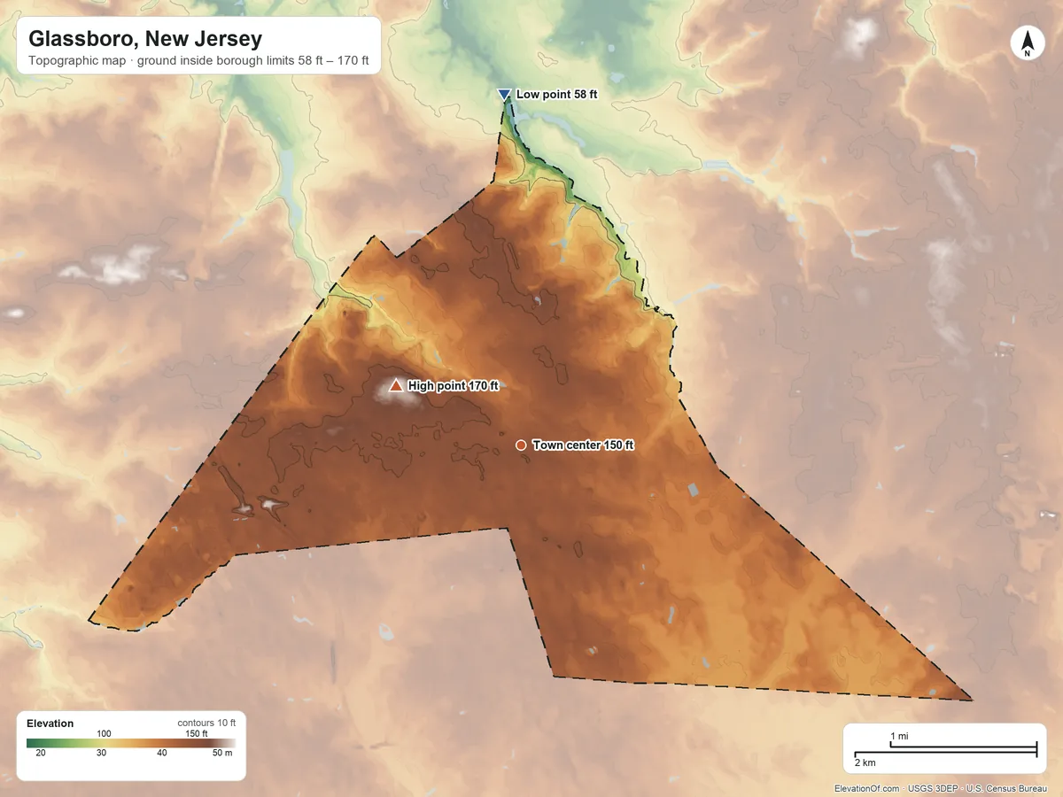 Topographic elevation map of Glassboro, New Jersey, shaded from 58 ft on the north side to 170 ft on the northwest side