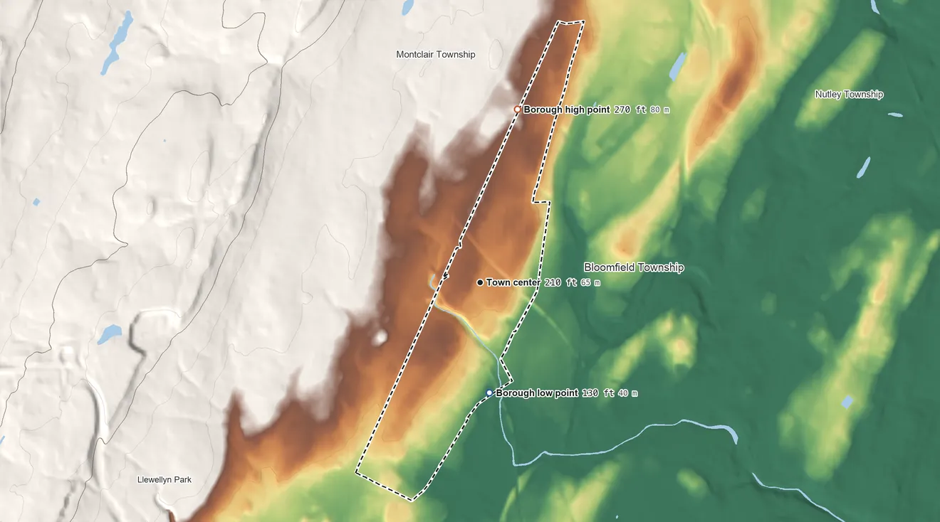Topographic elevation map of Glen Ridge, New Jersey, shaded from 130 ft on the south side to 270 ft at the foot of the Watchung Mountains