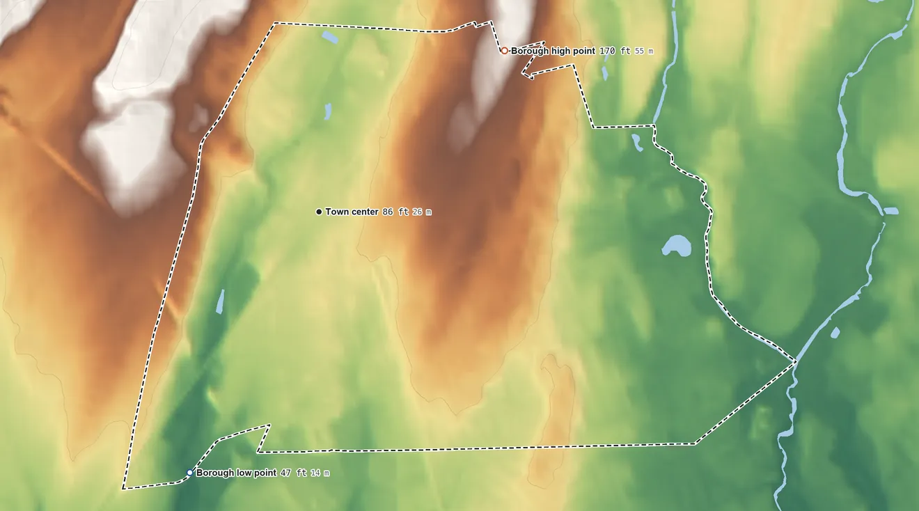 Topographic elevation map of Glen Rock, New Jersey, shaded from 47 ft on the southwest side to 170 ft on the northeast side