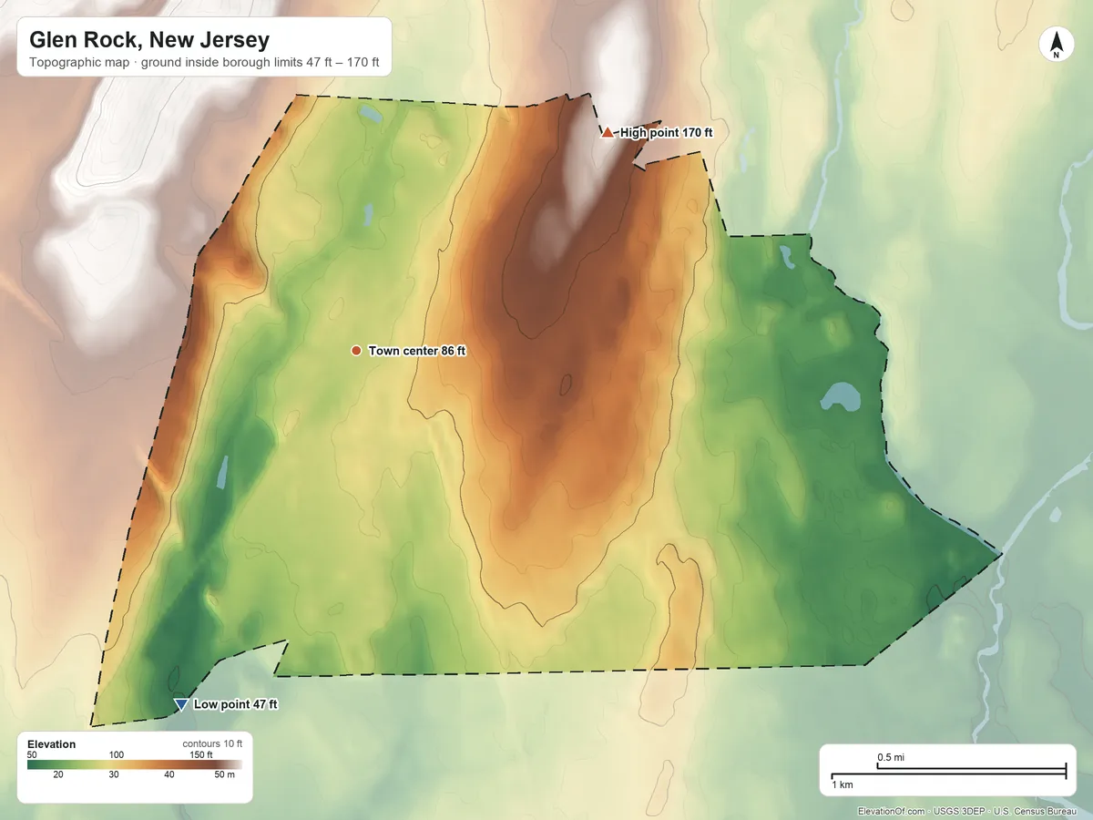 Topographic elevation map of Glen Rock, New Jersey, shaded from 47 ft on the southwest side to 170 ft on the northeast side