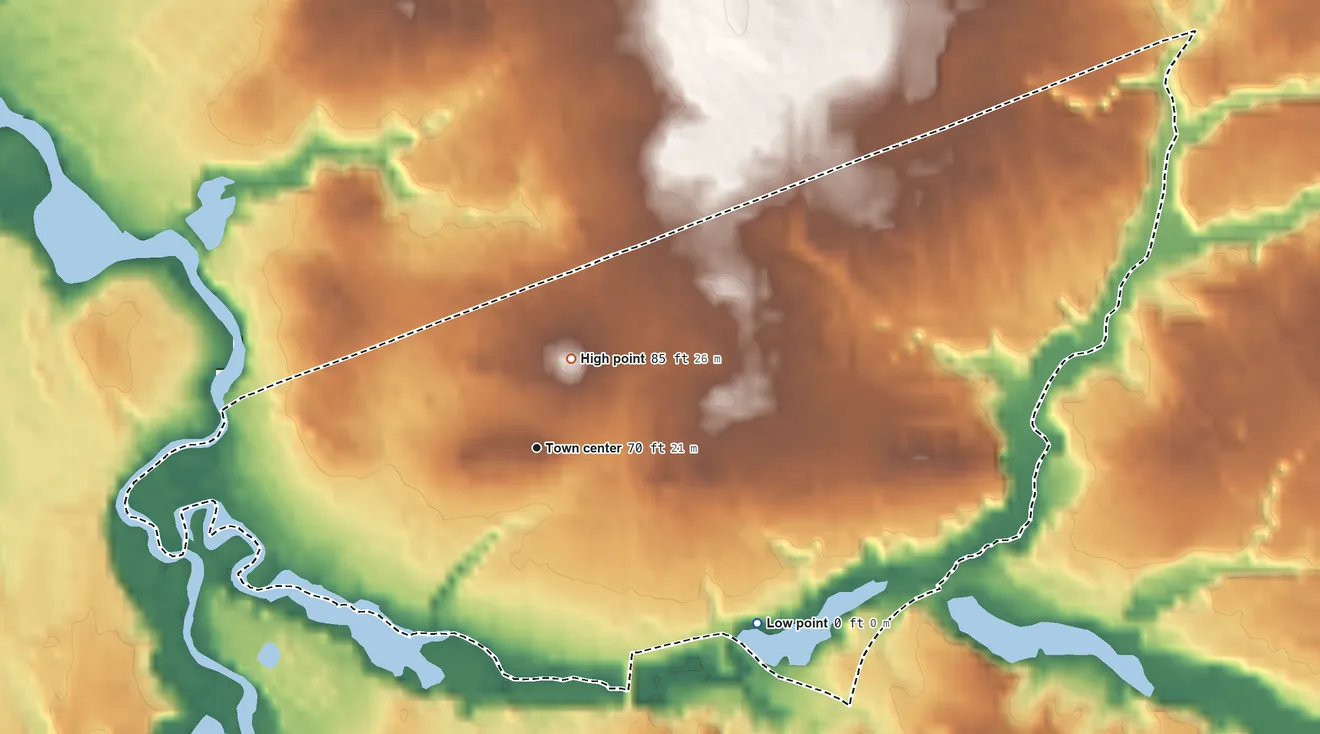 Topographic elevation map of Glendora, New Jersey, shaded from 0 ft on the southeast side to 85 ft near the middle