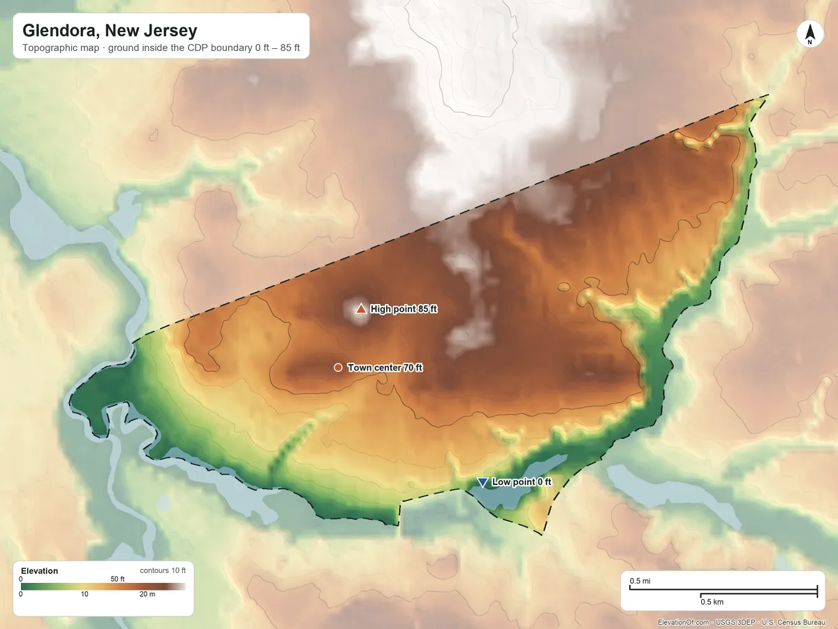 Topographic elevation map of Glendora, New Jersey, shaded from 0 ft on the southeast side to 85 ft near the middle