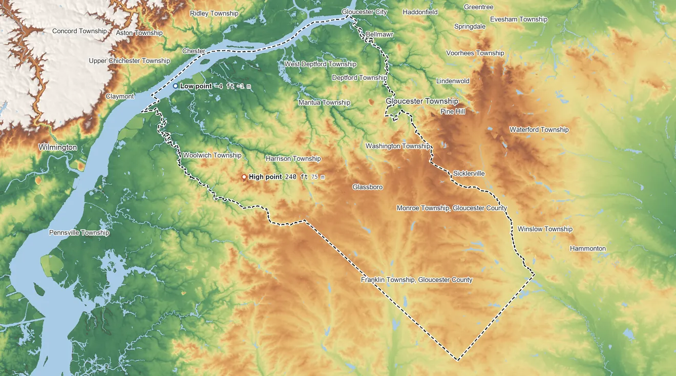 Topographic elevation map of Gloucester County, New Jersey, shaded from 4 ft below sea level on the northwest side to 240 ft on the west side