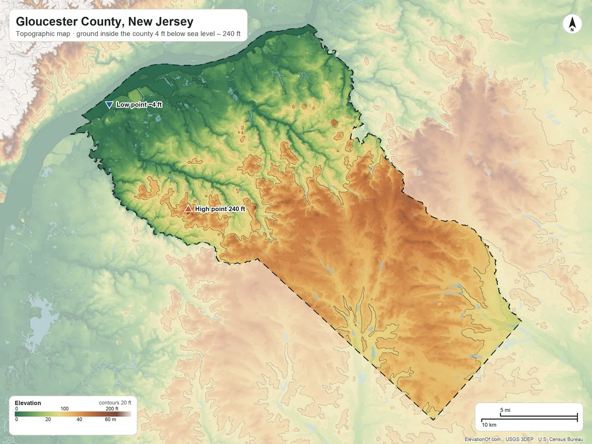 Topographic elevation map of Gloucester County, New Jersey, shaded from 4 ft below sea level on the northwest side to 240 ft on the west side