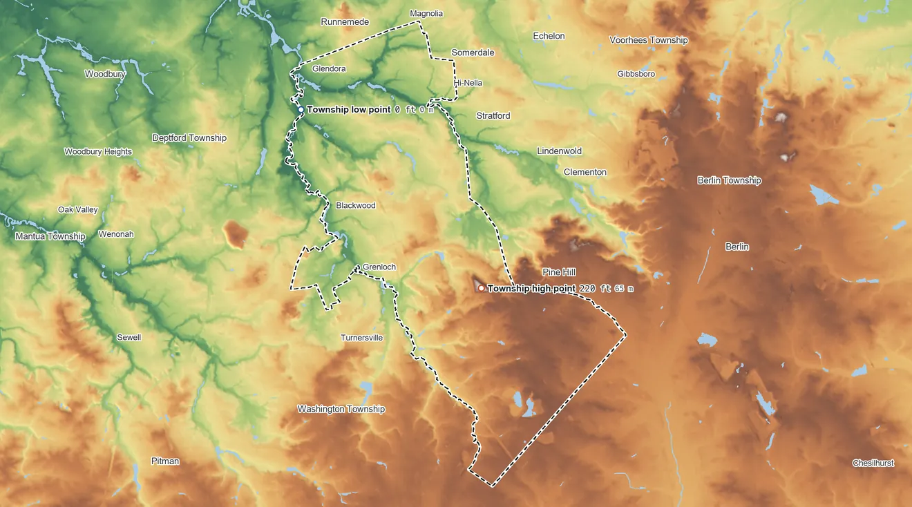 Topographic elevation map of Gloucester Township, New Jersey, shaded from 0 ft on the northwest side to 220 ft on the southeast side