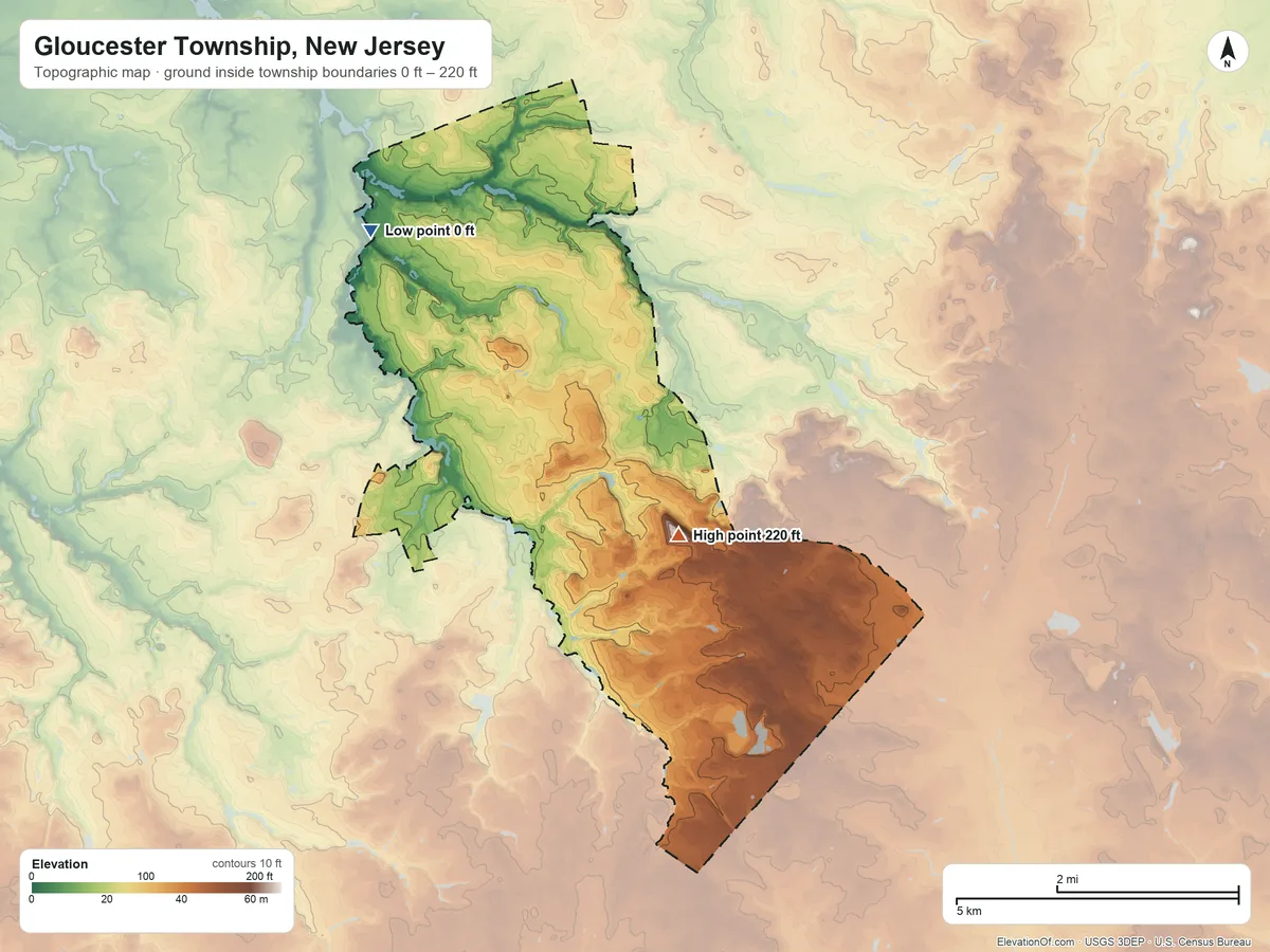 Topographic elevation map of Gloucester Township, New Jersey, shaded from 0 ft on the northwest side to 220 ft on the southeast side