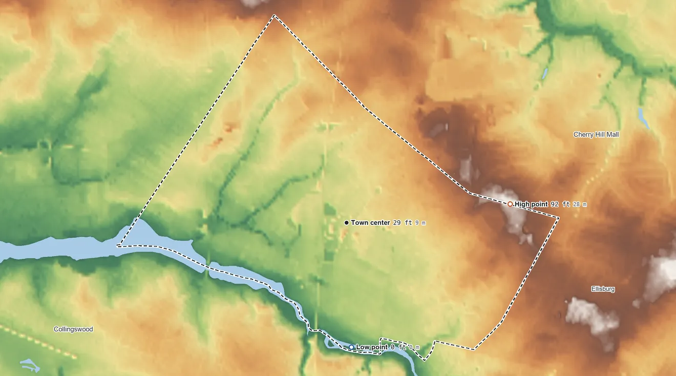 Topographic elevation map of Golden Triangle, New Jersey, shaded from 0 ft on the south side to 92 ft on the east side
