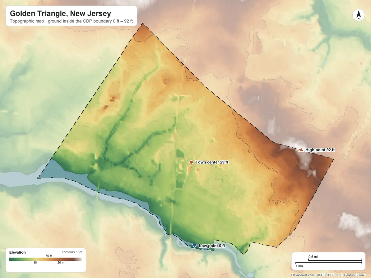 Topographic elevation map of Golden Triangle, New Jersey, shaded from 0 ft on the south side to 92 ft on the east side