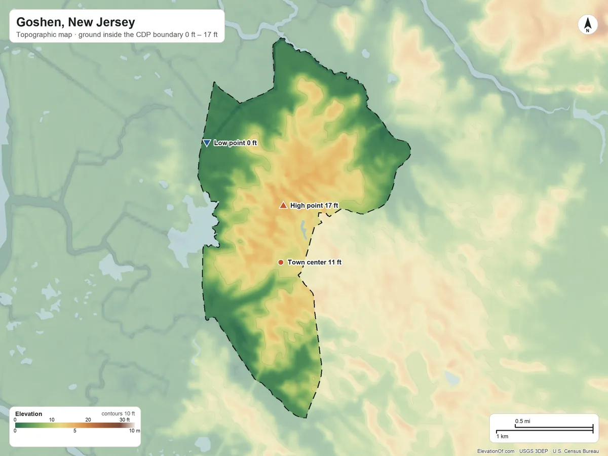 Topographic elevation map of Goshen, New Jersey, shaded from 0 ft on the northwest side to 17 ft on the north side