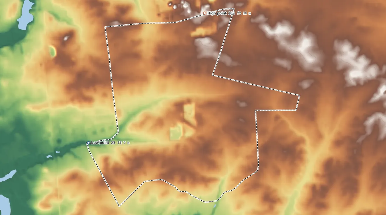 Topographic elevation map of Gouldtown, New Jersey, shaded from 23 ft on the southwest side to 100 ft on the north side