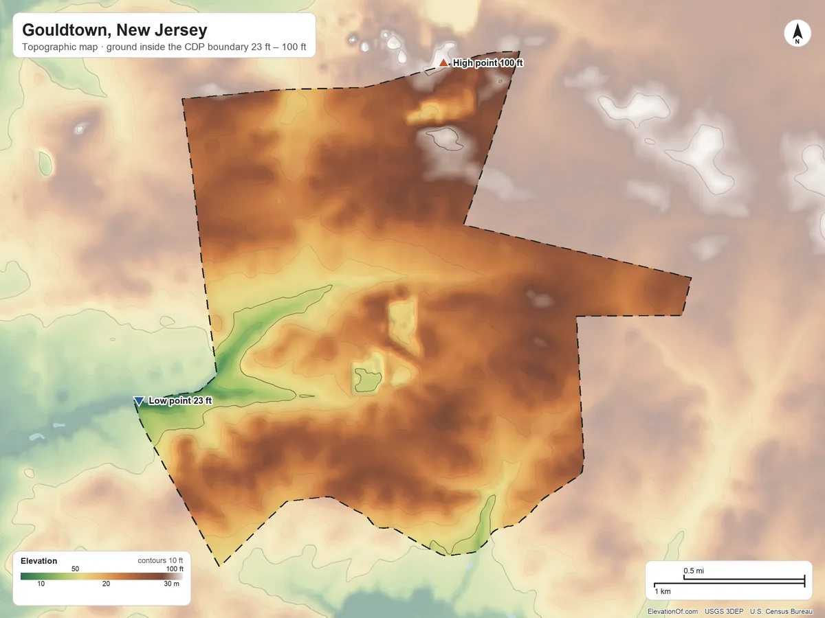Topographic elevation map of Gouldtown, New Jersey, shaded from 23 ft on the southwest side to 100 ft on the north side