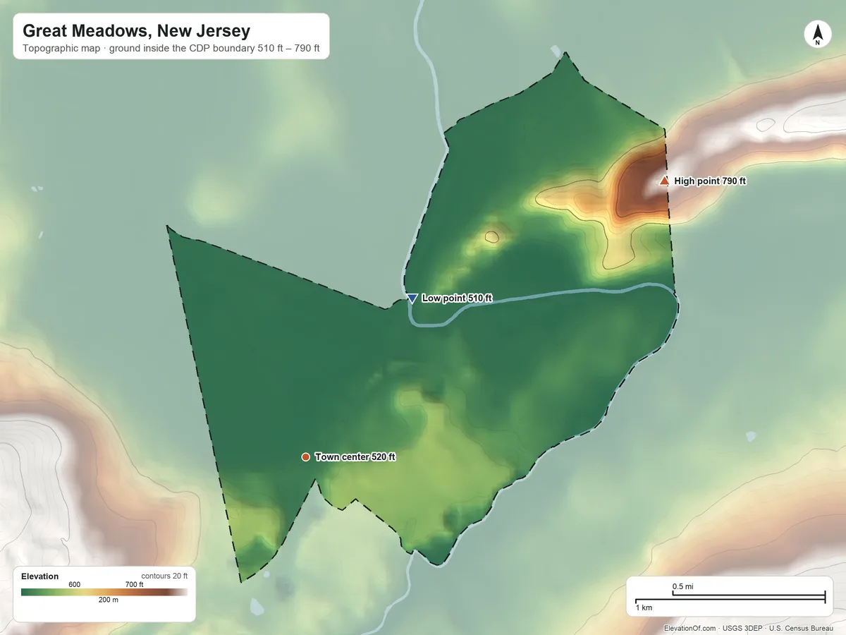 Topographic elevation map of Great Meadows, New Jersey, shaded from 510 ft on the northeast side to 790 ft on the northeast side