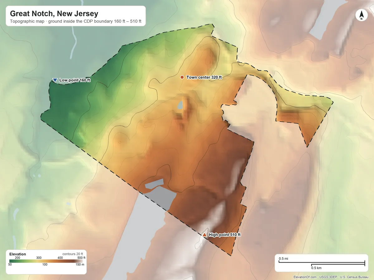 Topographic elevation map of Great Notch, New Jersey, shaded from 160 ft on the west side to 510 ft on the south side