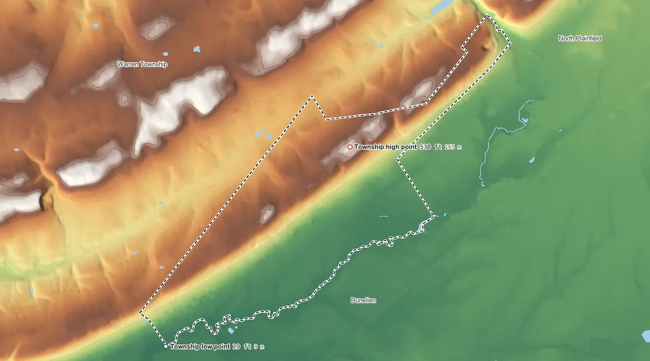Topographic elevation map of Green Brook Township, New Jersey, shaded from 29 ft on the southwest side to 530 ft on the northeast side