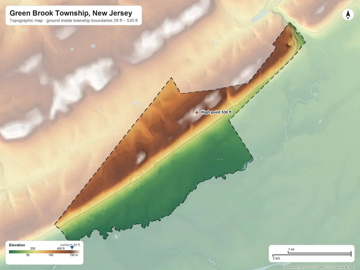 Topographic elevation map of Green Brook Township, New Jersey, shaded from 29 ft on the southwest side to 530 ft on the northeast side