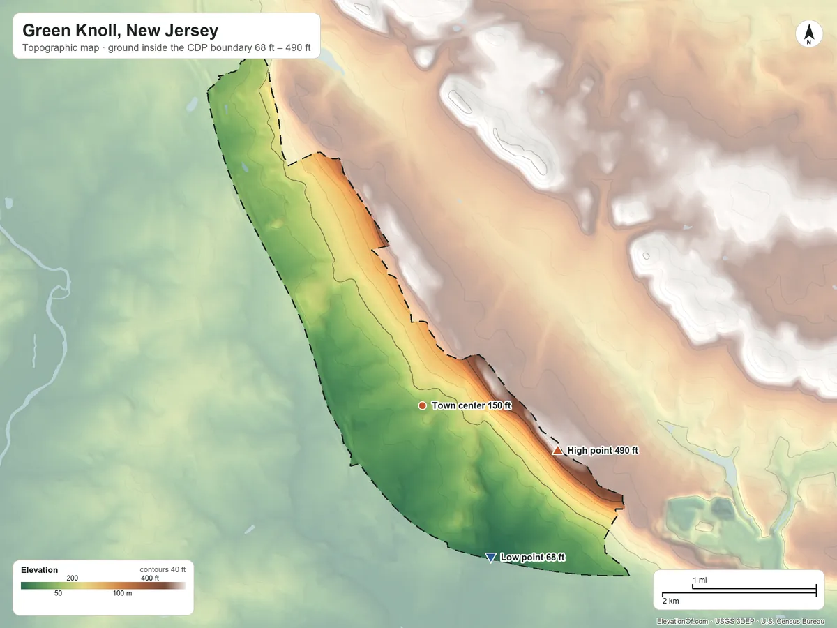 Topographic elevation map of Green Knoll, New Jersey, shaded from 68 ft on the southeast side to 490 ft on the east side