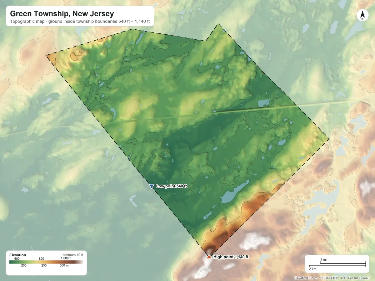 Topographic elevation map of Green Township, New Jersey, shaded from 540 ft on the southwest side to 1,140 ft on the south side