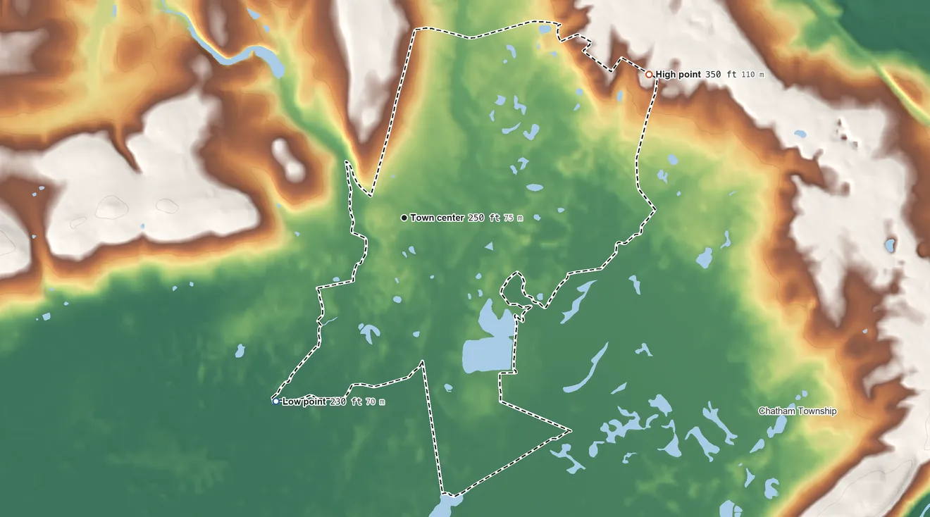 Topographic elevation map of Green Village, New Jersey, shaded from 230 ft on the southwest side to 350 ft on the northeast side