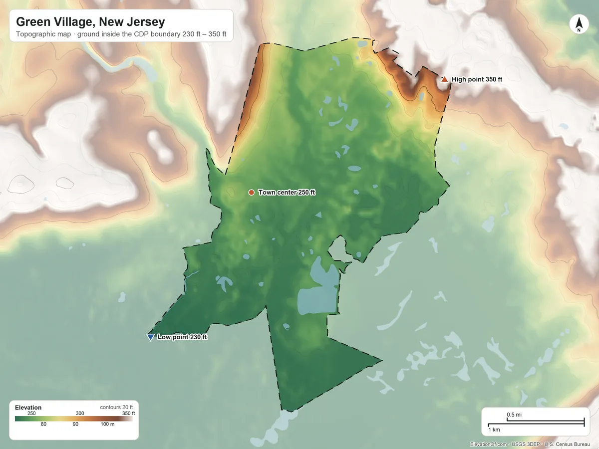 Topographic elevation map of Green Village, New Jersey, shaded from 230 ft on the southwest side to 350 ft on the northeast side
