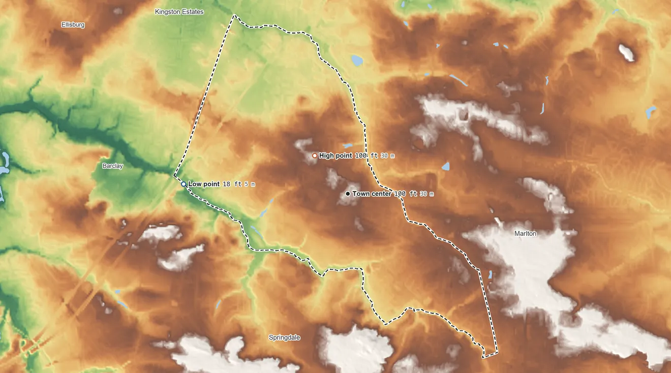 Topographic elevation map of Greentree, New Jersey, shaded from 18 ft on the west side to 100 ft on the northwest side