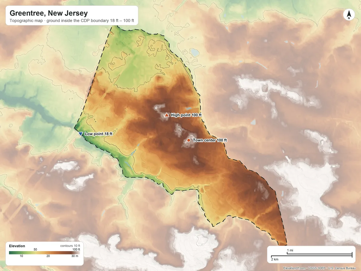 Topographic elevation map of Greentree, New Jersey, shaded from 18 ft on the west side to 100 ft on the northwest side