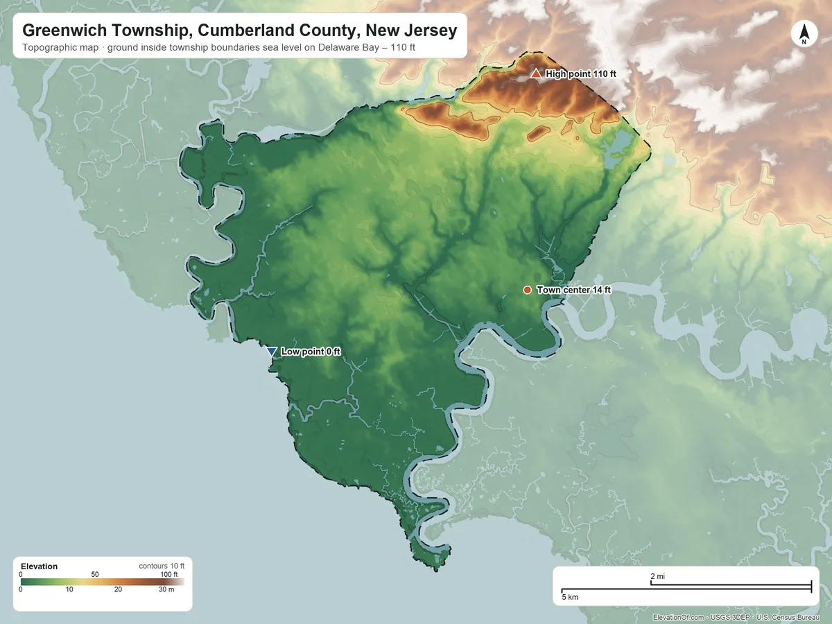 Topographic elevation map of Greenwich Township, Cumberland County, New Jersey, shaded from sea level level on Delaware Bay to 110 ft on the north side