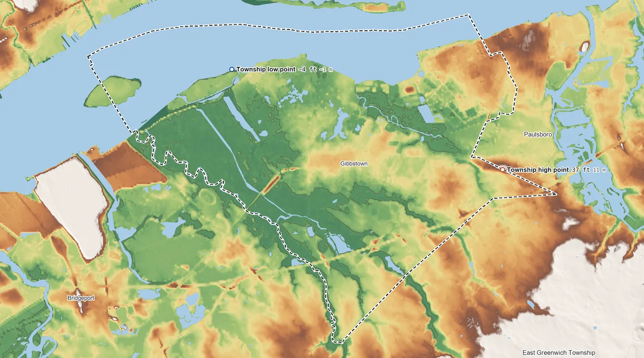 Topographic elevation map of Greenwich Township, Gloucester County, New Jersey, shaded from −4 ft on the northwest side to 37 ft on the east side