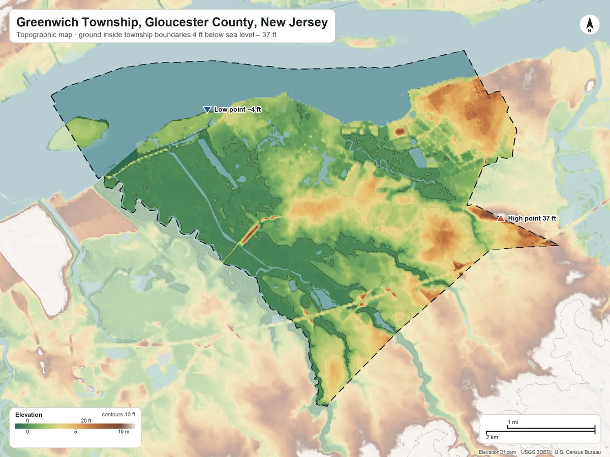 Topographic elevation map of Greenwich Township, Gloucester County, New Jersey, shaded from −4 ft on the northwest side to 37 ft on the east side