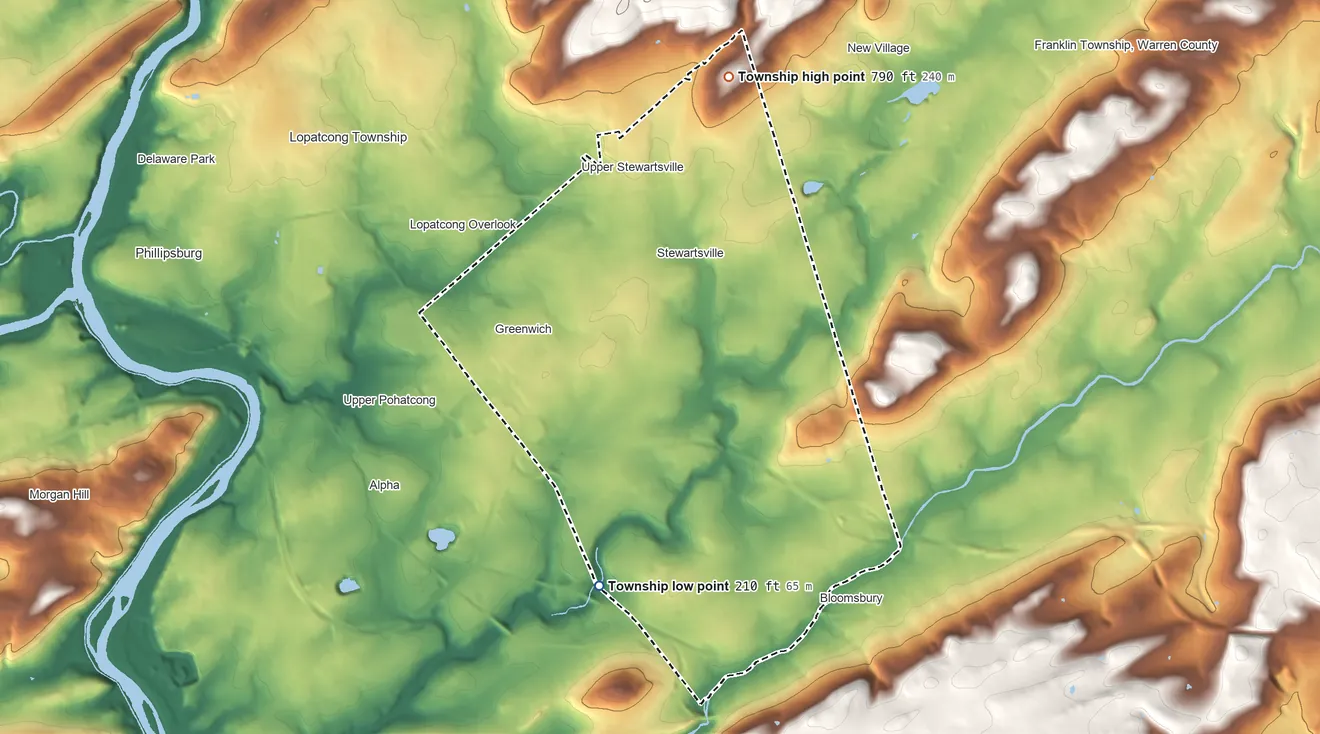 Topographic elevation map of Greenwich Township, New Jersey, shaded from 210 ft on the south side to 790 ft on the north side