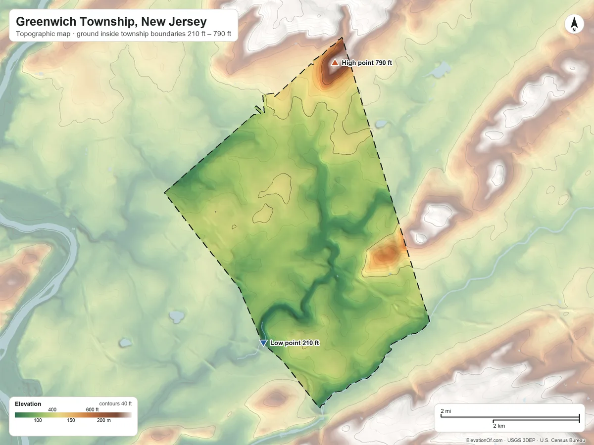 Topographic elevation map of Greenwich Township, New Jersey, shaded from 210 ft on the south side to 790 ft on the north side
