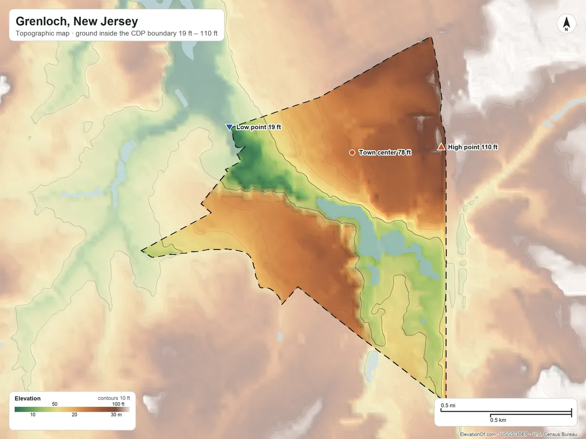 Topographic elevation map of Grenloch, New Jersey, shaded from 19 ft on the west side to 110 ft on the east side