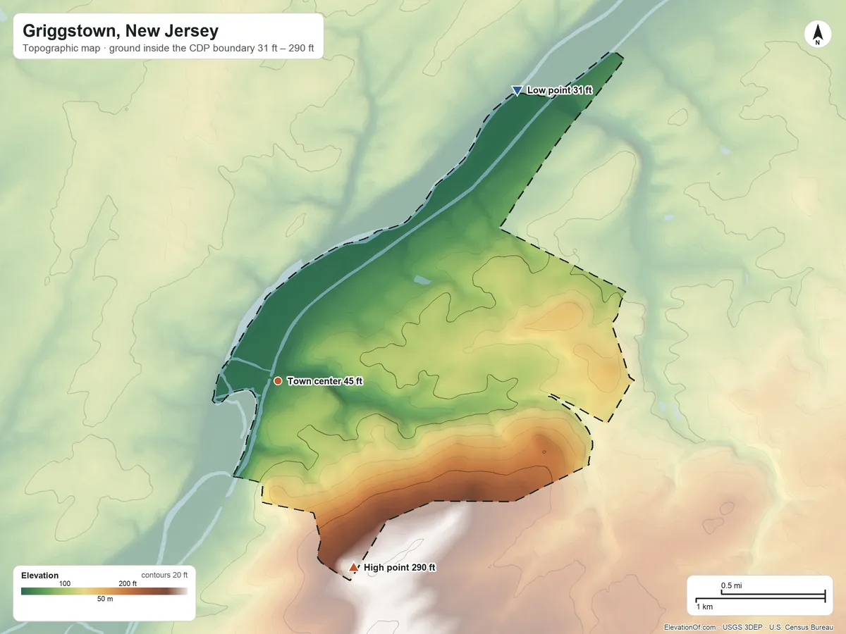 Topographic elevation map of Griggstown, New Jersey, shaded from 31 ft on the northeast side to 290 ft on the south side