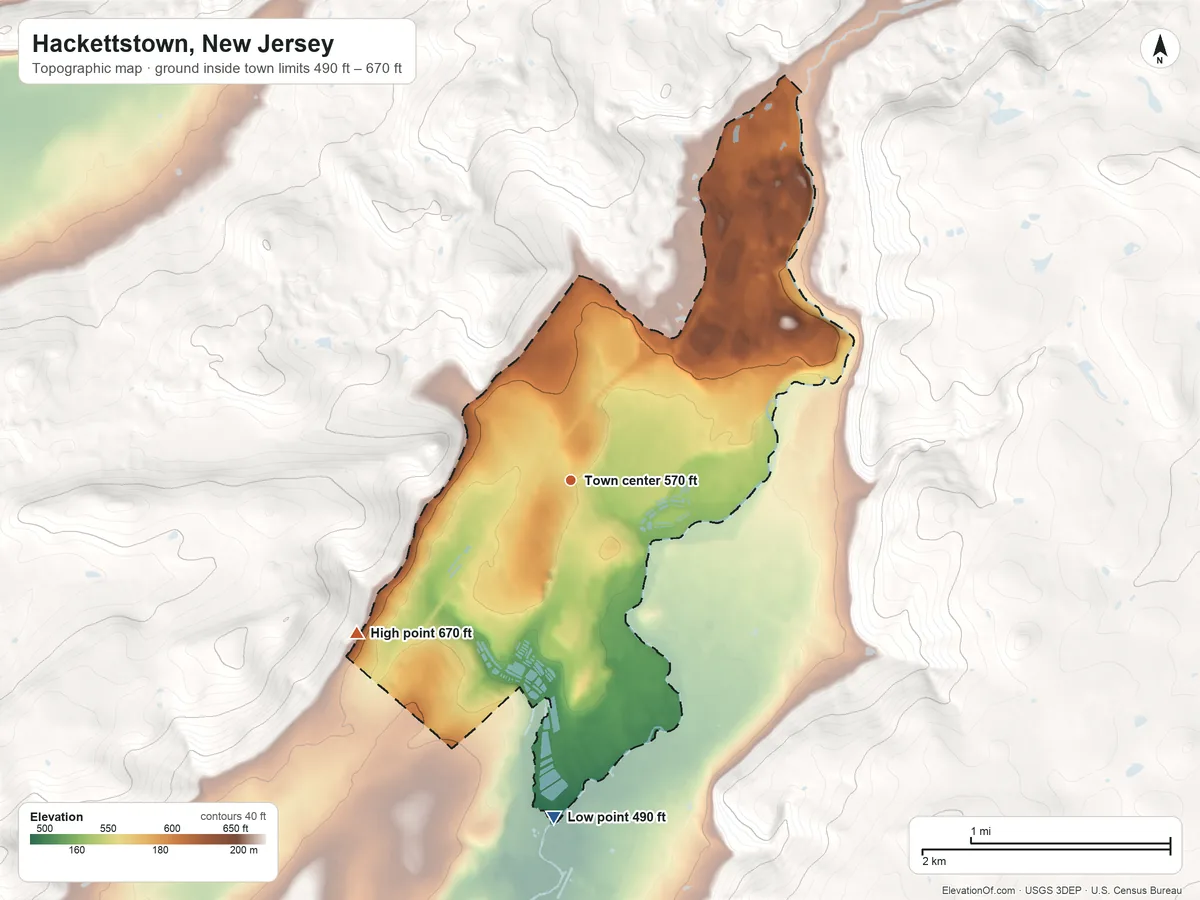 Topographic elevation map of Hackettstown, New Jersey, shaded from 490 ft on the south side to 670 ft at the foot of the Fox Hill Range