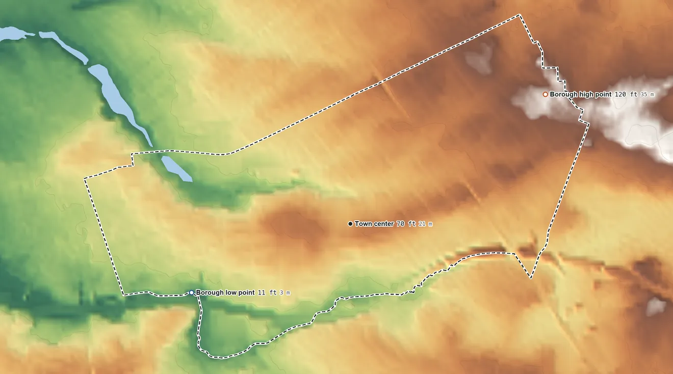 Topographic elevation map of Haddon Heights, New Jersey, shaded from 11 ft on the southwest side to 120 ft on the northeast side