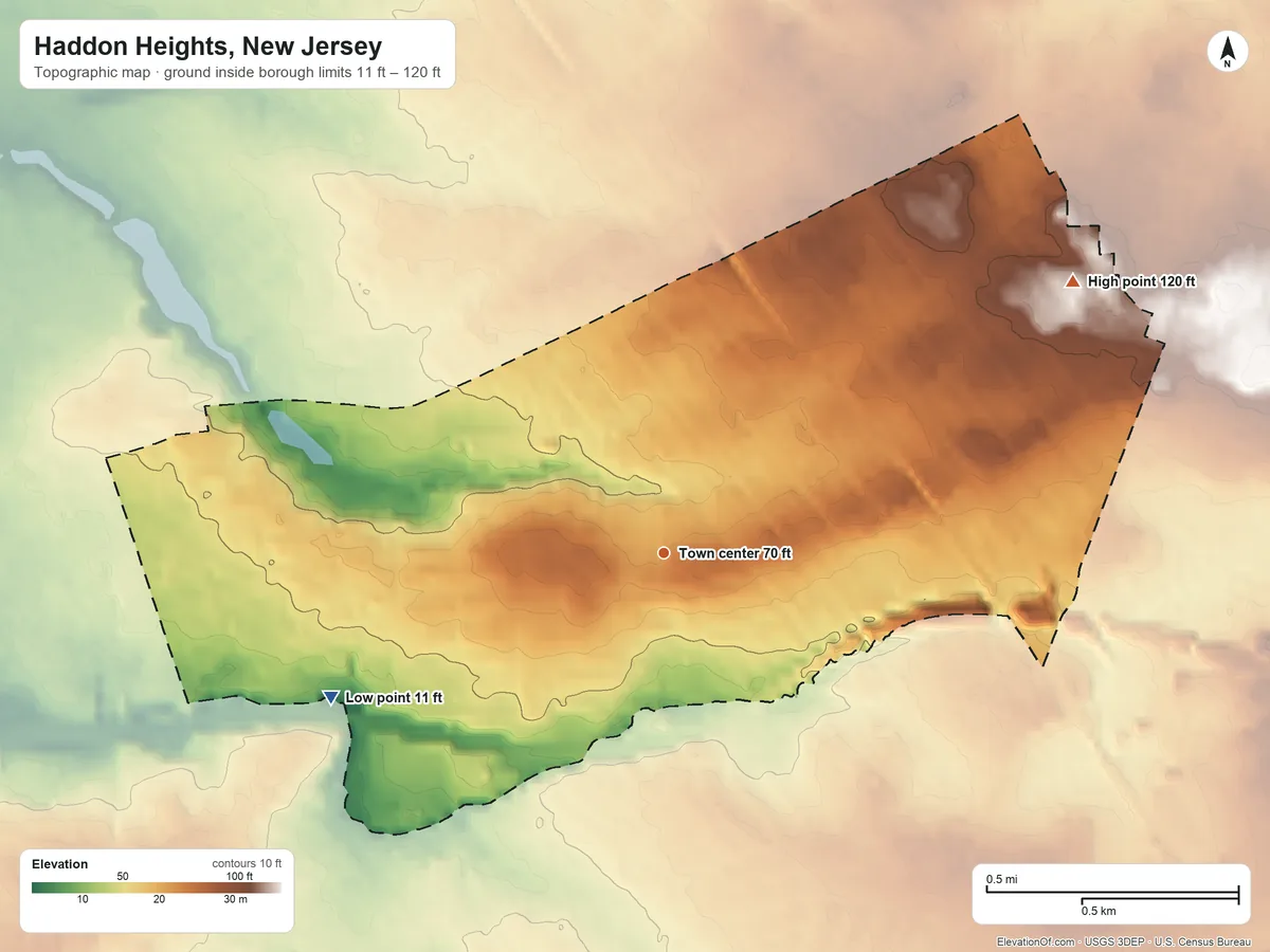 Topographic elevation map of Haddon Heights, New Jersey, shaded from 11 ft on the southwest side to 120 ft on the northeast side