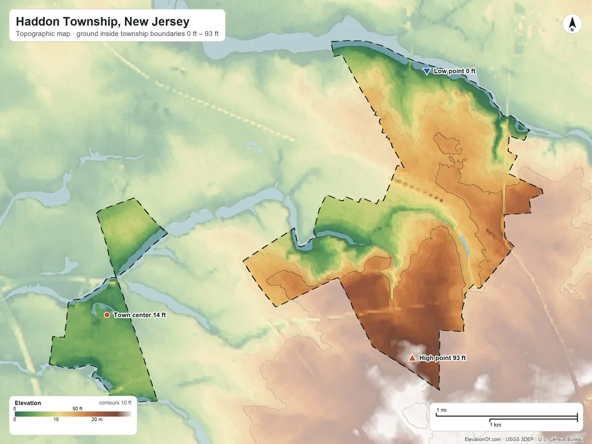 Topographic elevation map of Haddon Township, New Jersey, shaded from 0 ft on the northeast side to 93 ft on the east side