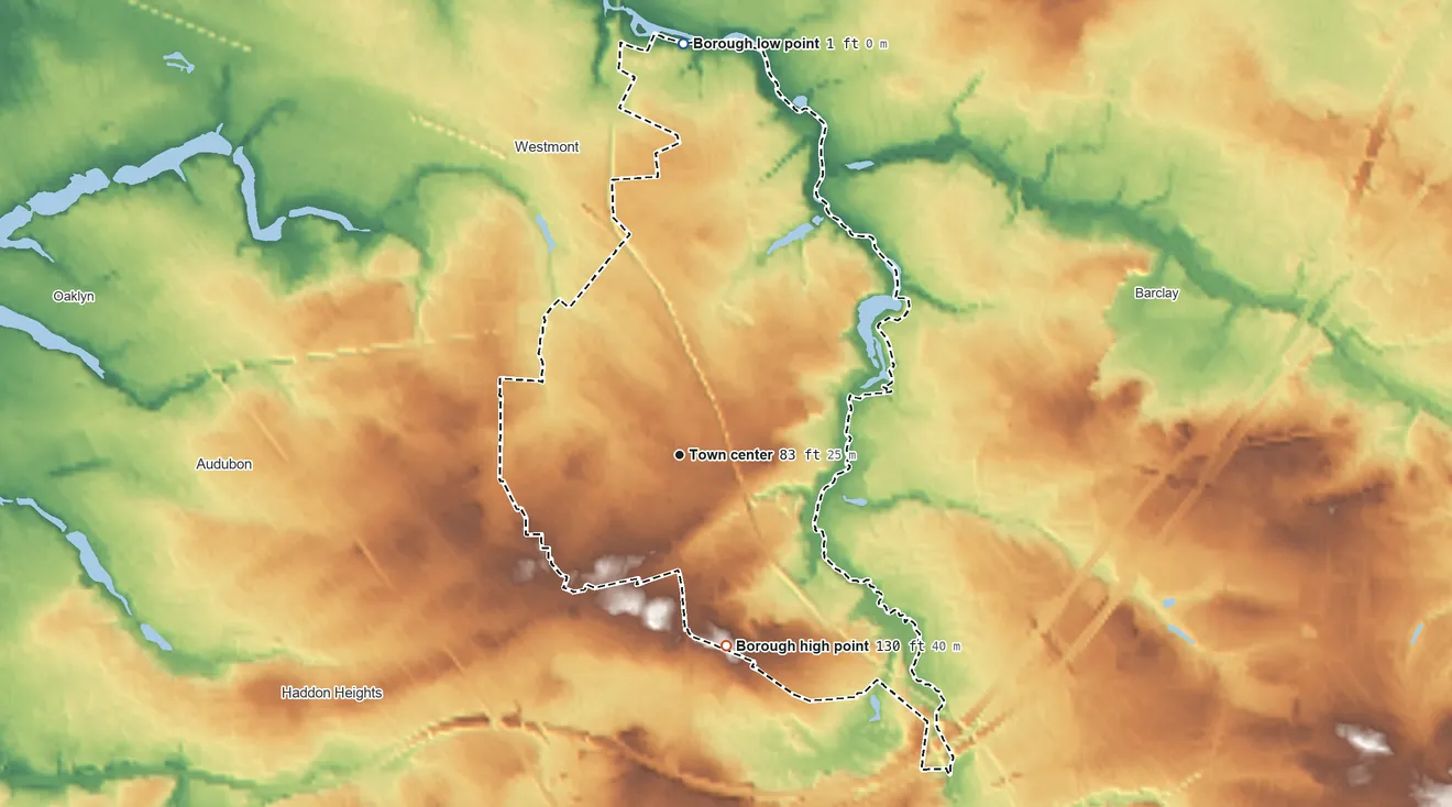 Topographic elevation map of Haddonfield, New Jersey, shaded from 1 ft on the north side to 130 ft on the south side