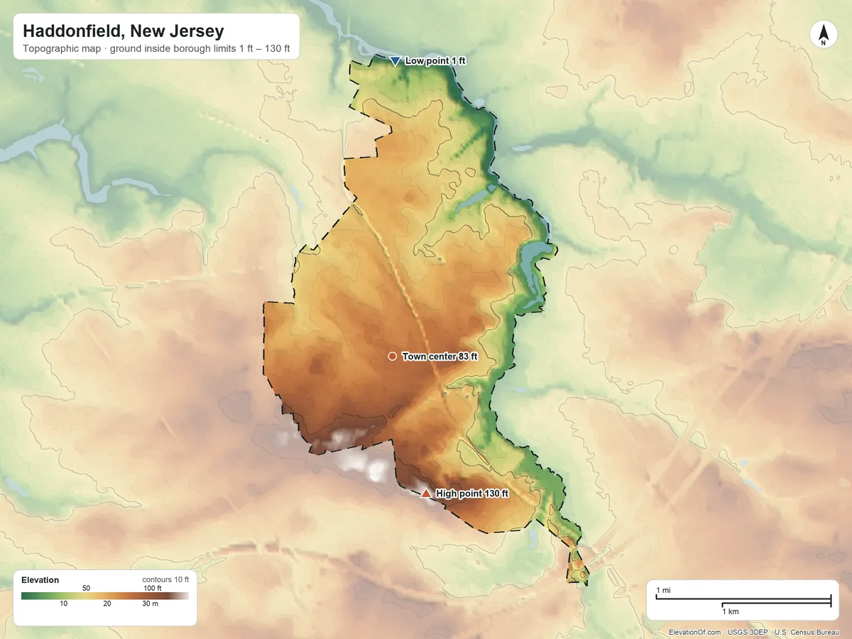 Topographic elevation map of Haddonfield, New Jersey, shaded from 1 ft on the north side to 130 ft on the south side