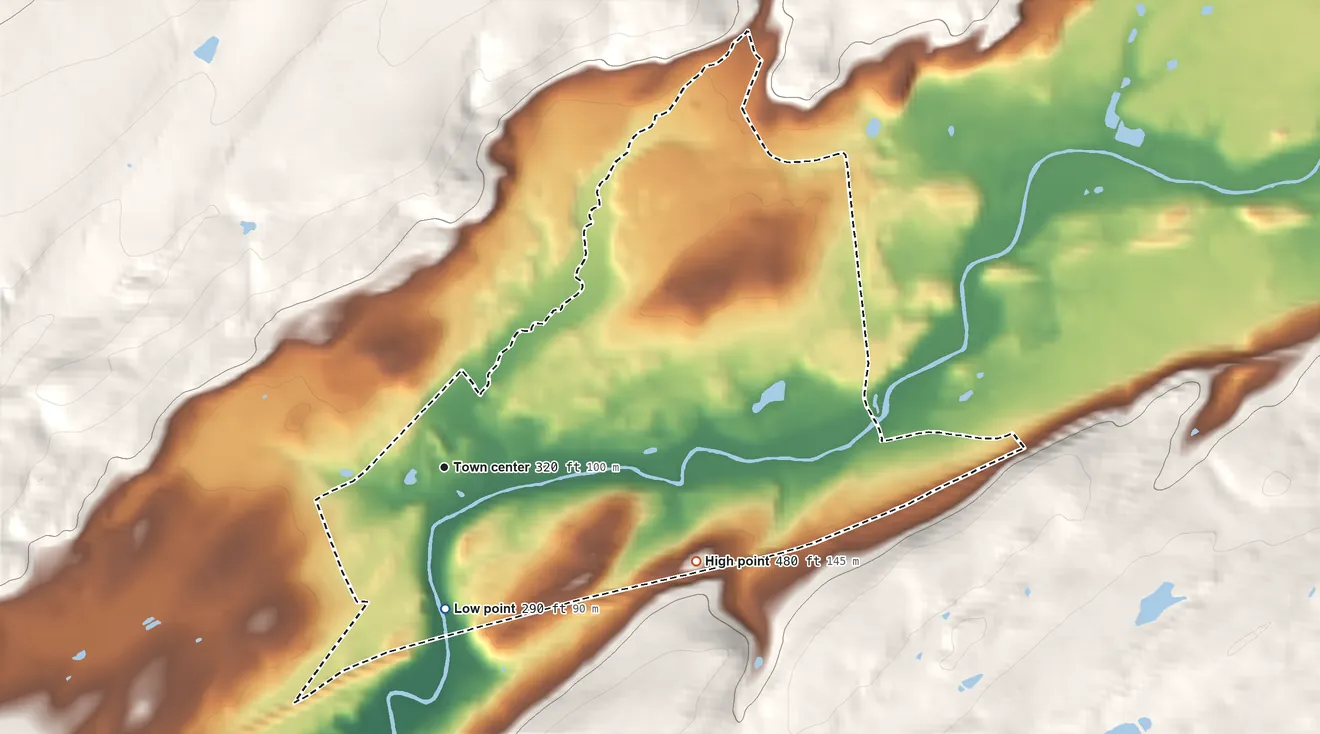 Topographic elevation map of Hainesburg, New Jersey, shaded from 290 ft on the south side to 480 ft on the east edge, below higher ground just outside